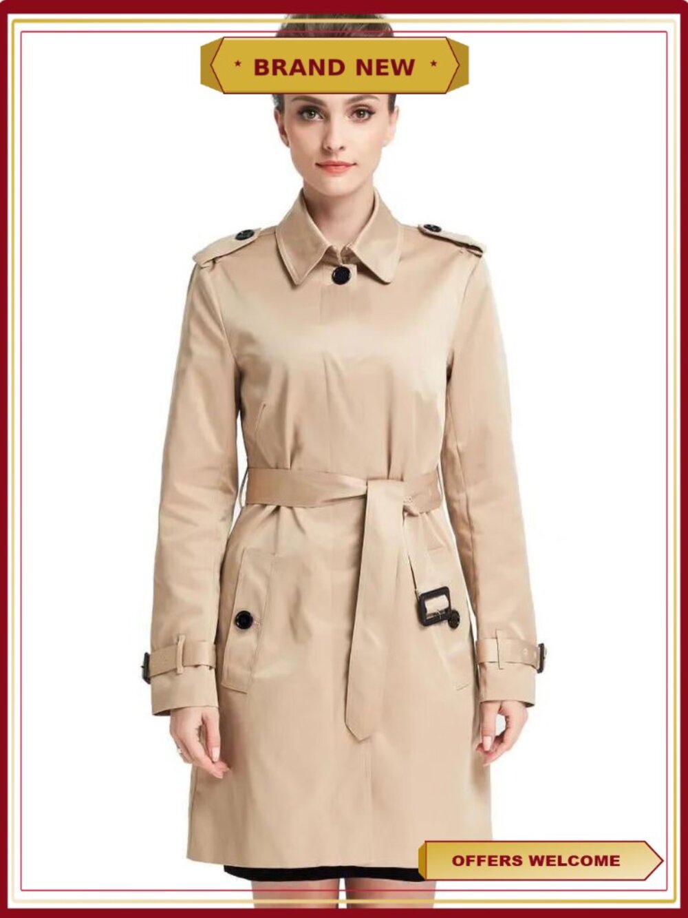 Womens Trench Coat Windbreaker Outwear Mid-Length Button Front
